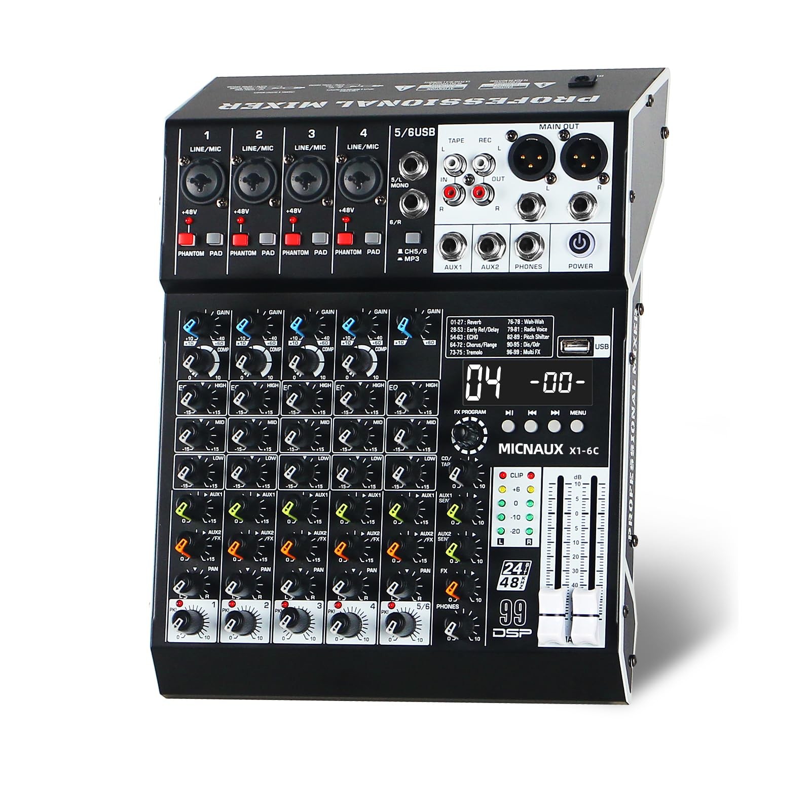 Audio Mixer 6 Channel Professional Sound Mixer Console with 99 DSP Effects, M...