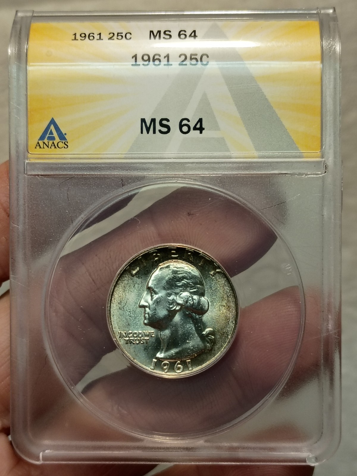 1961 25c Silver Washington Head Quarter MS 6 4 ANACS. Nice Light TONING.