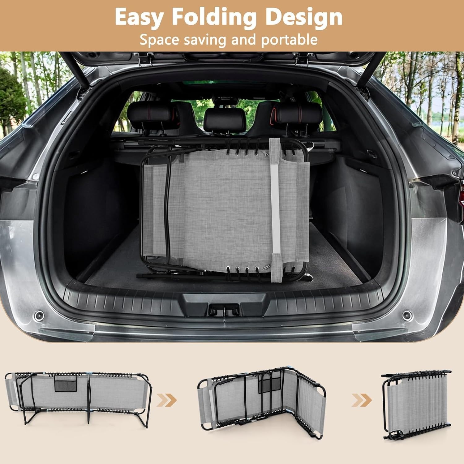 Grey Foldable Patio Lounge Chair with Headrest, 4-Position Adjustable Backrest
