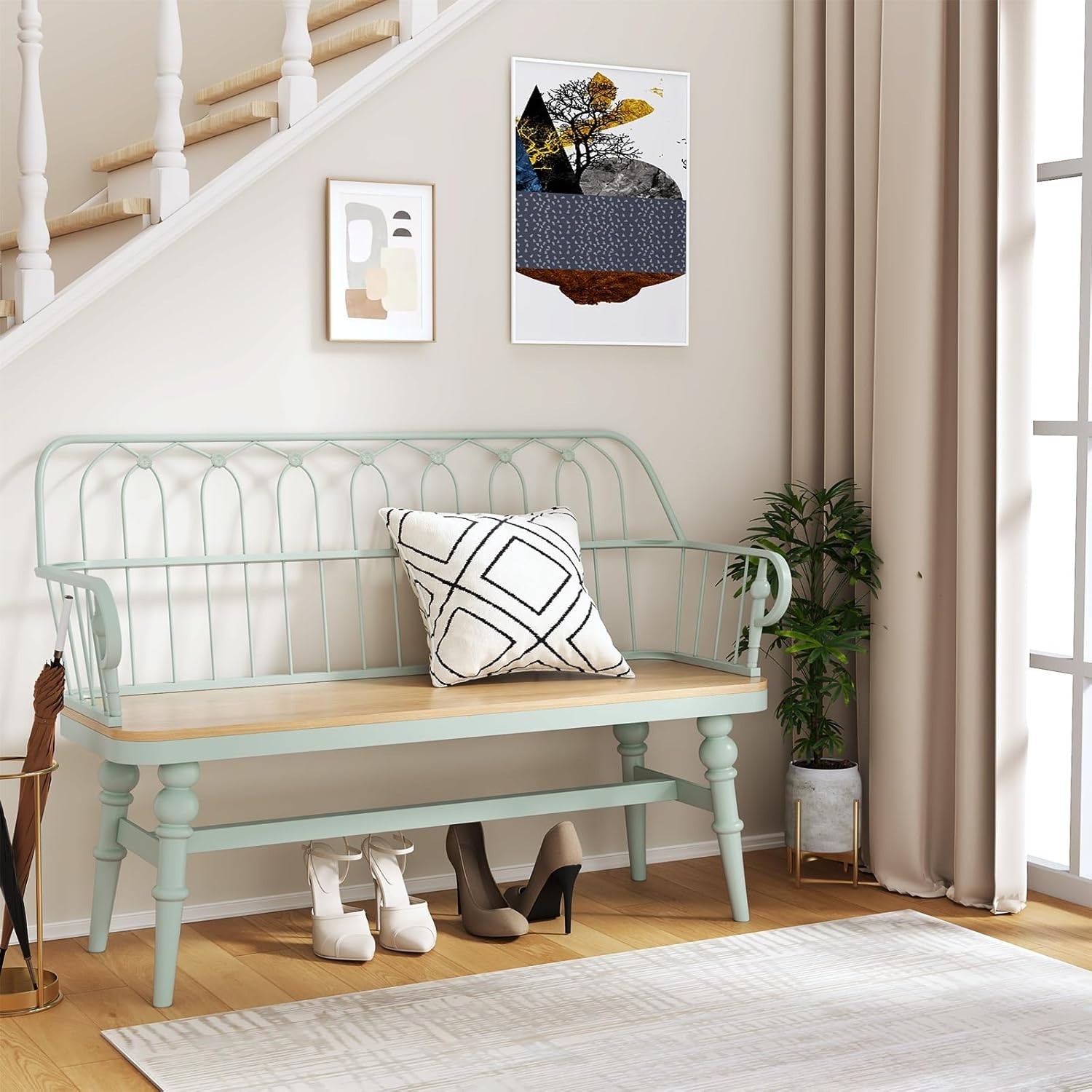 Spindle Back Wooden Entryway Bench, Farmhouse Foyer Bench for Living Room