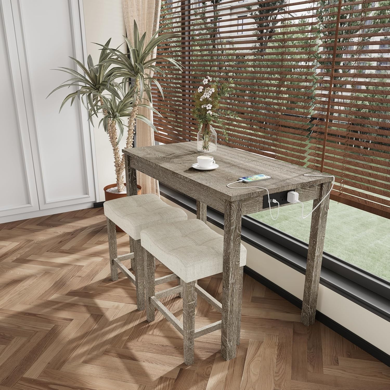 3-Piece Counter Height Bar Table Set with Socket and 2 Fabric Padded Bar Stools,