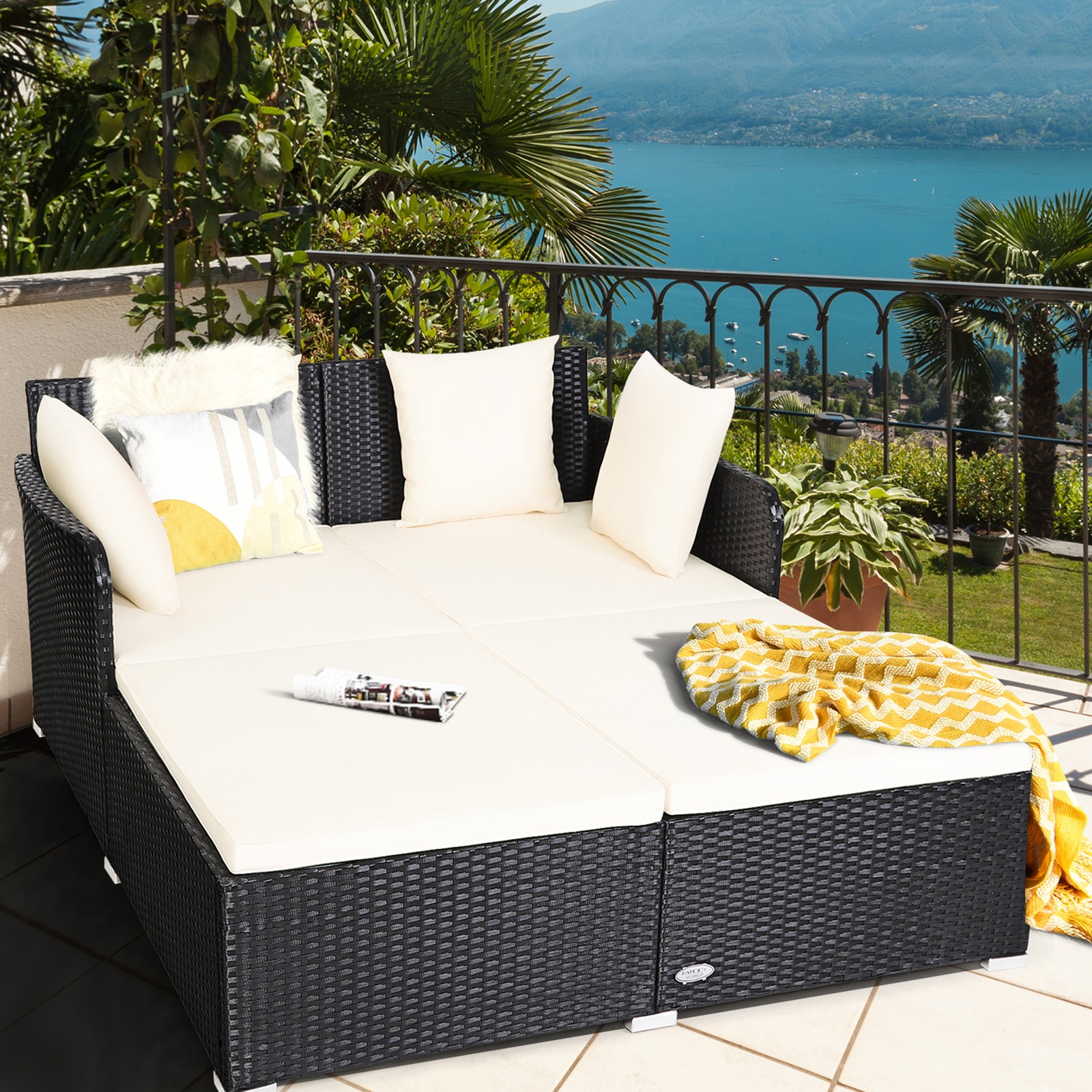 Rattan Patio Daybed Loveseat Sofa Yard Outdoor w/ Beige Cushions Pillows