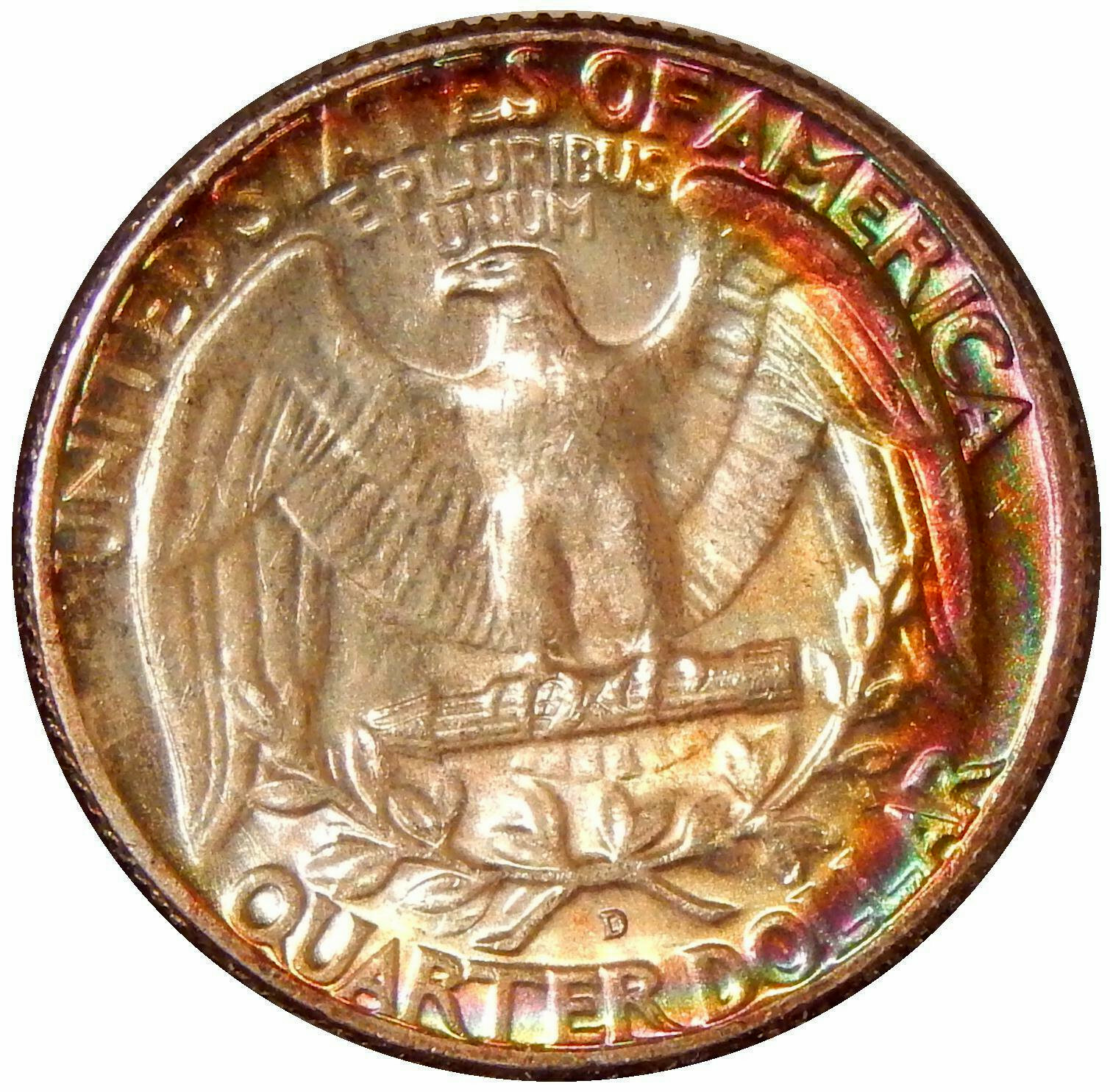 1964-D WASHINGTON QUARTER WITH VIVID RAINBOW REVERSE!