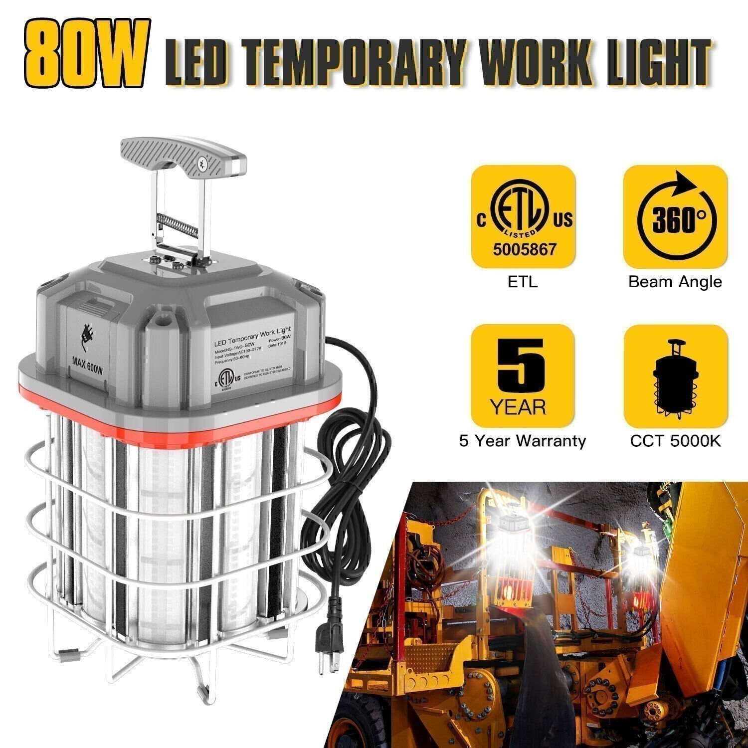 80W LED Temporary Work Light Construction Lights Jobsite Lights 11600Lumen 5000K