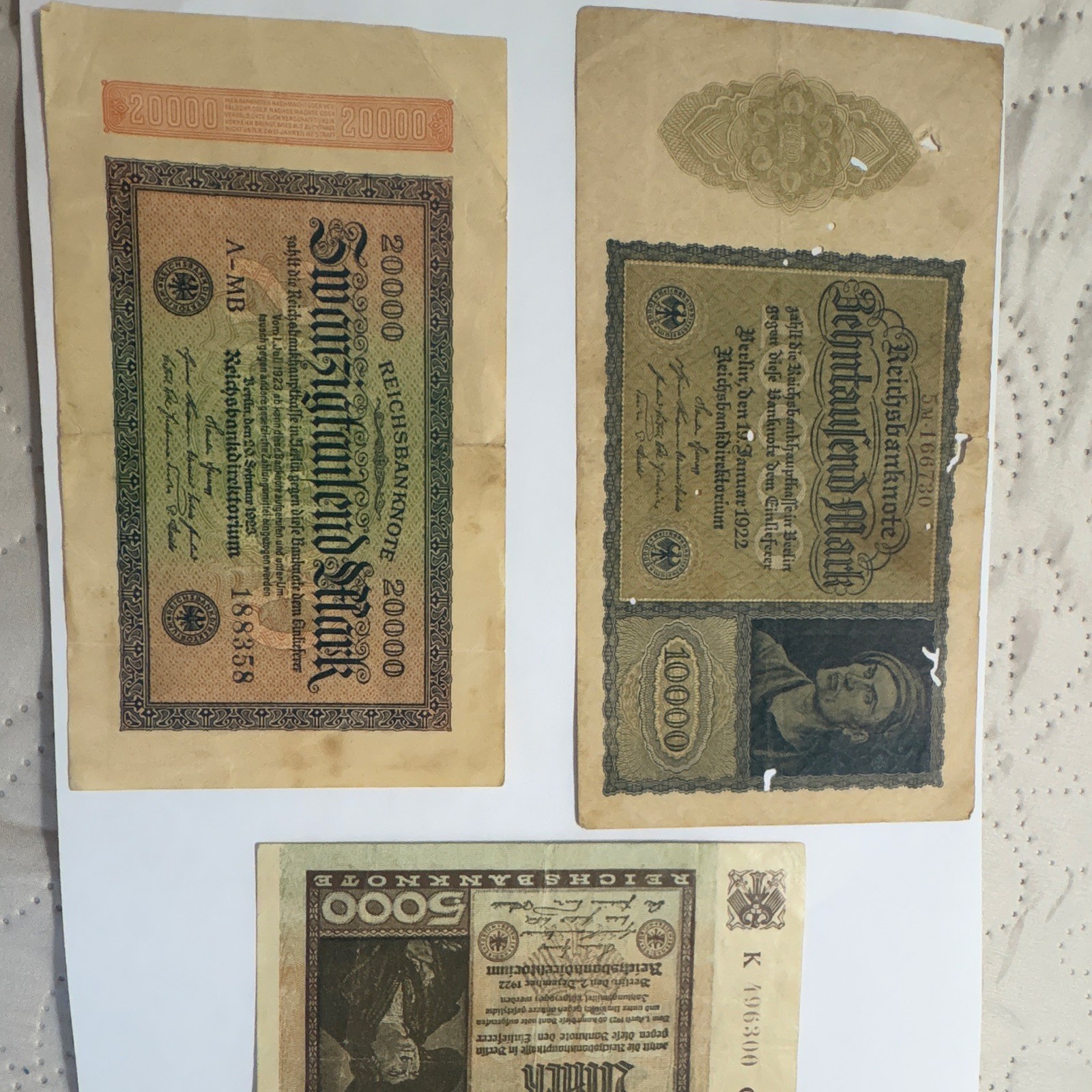 Germany 1922 Reichsbanknote Lot of 3 Banknotes 20,000 10,000 5,000 Mark