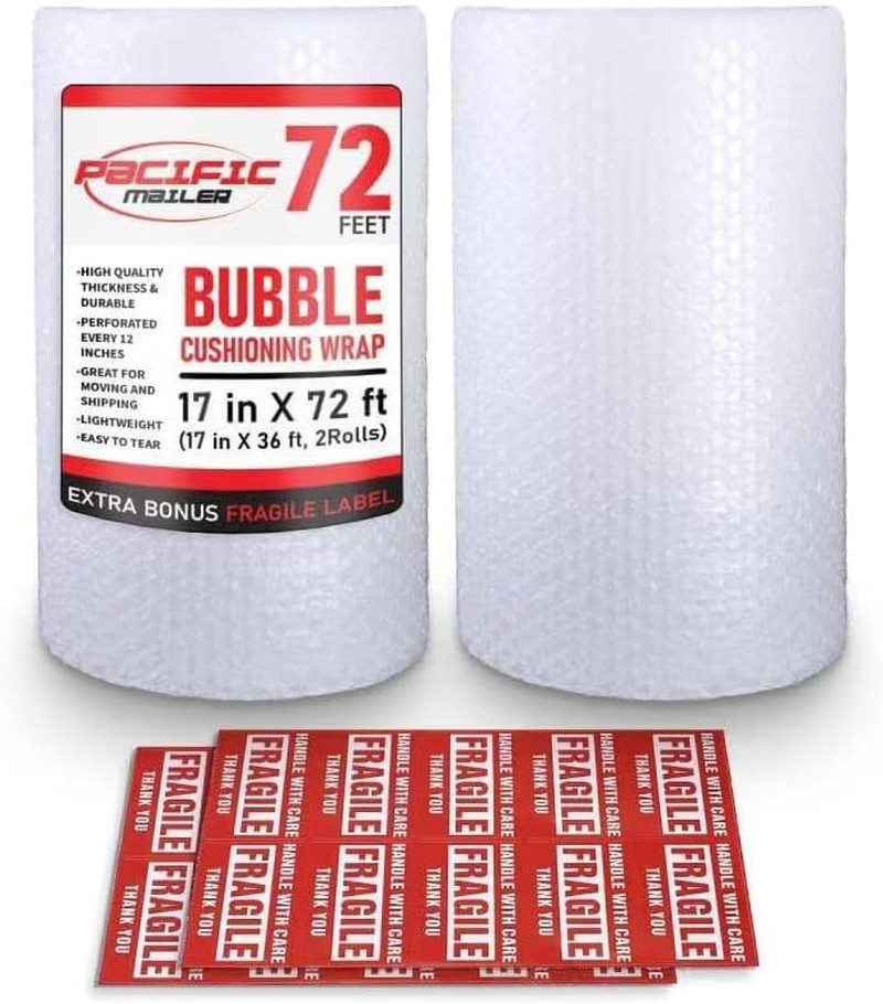 Bubble Cushioning Wrap  5/16 Inch X 17 Inch X 72Feet Total [2 Rolls of 36 Feet]