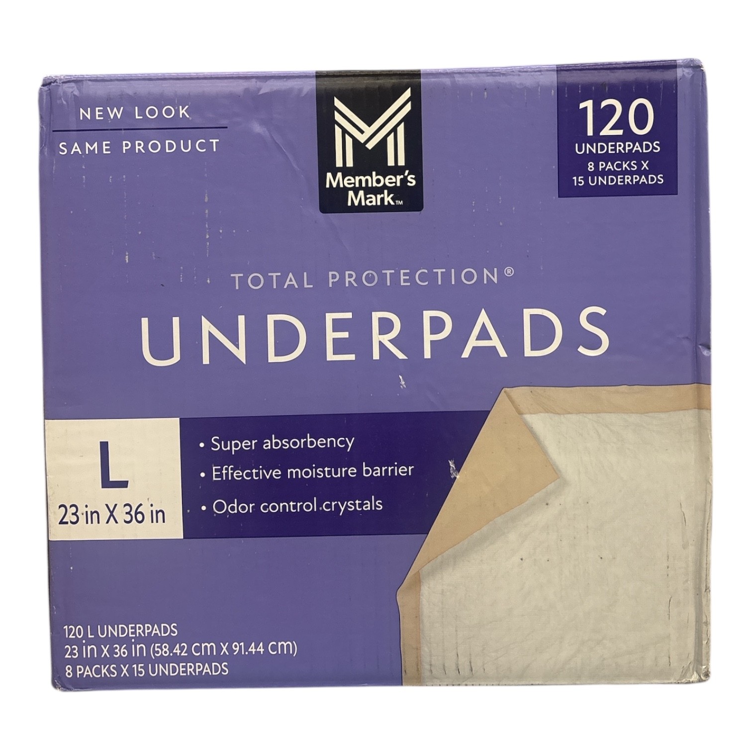 Member's Mark Total Protection Super Absorbant Underpads, 120 Pack, Large 23x36"