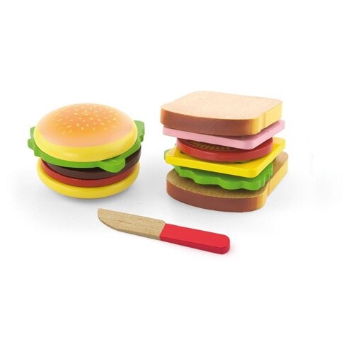 Kids HAMBURGER SANDWICH Wooden Cutting TOY PRETEND Play Cut FOOD KITCHEN COOKING