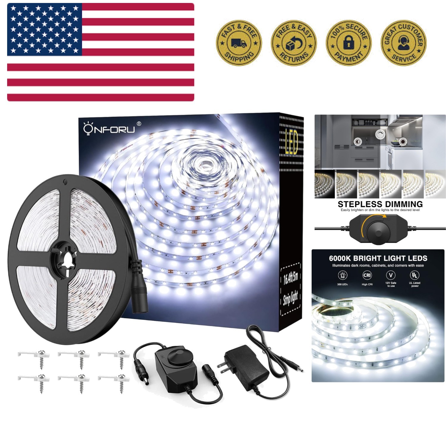 LED Light Strip,16.4ft Dimmable LED Tape Light, 6000K Daylight White Strip Li...