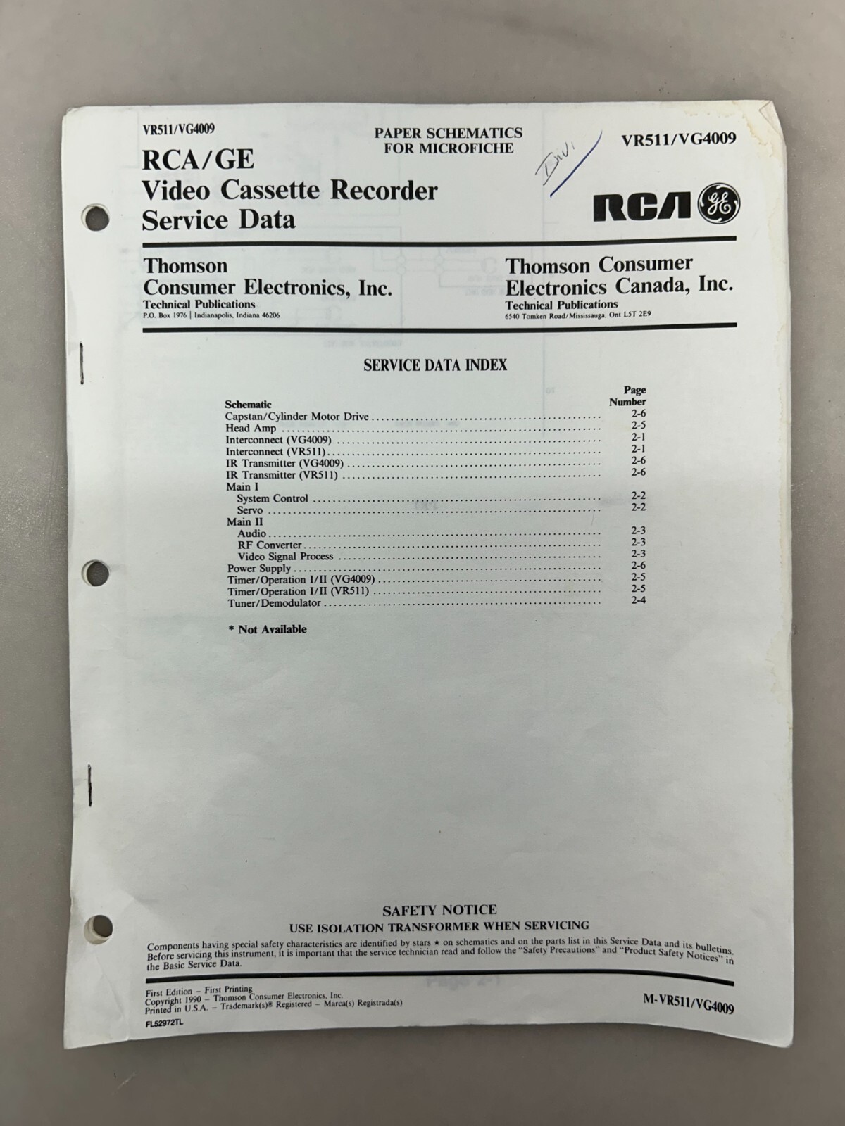 RCA VR511 VG4009 Original Schematics Free Shipping