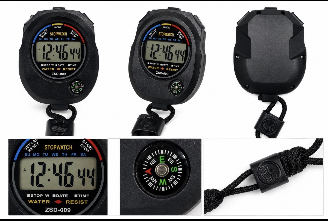 Pack of 2 Digital Stopwatch Timer Alarm Water Resistant w/ Lanyard Black ZSD-009