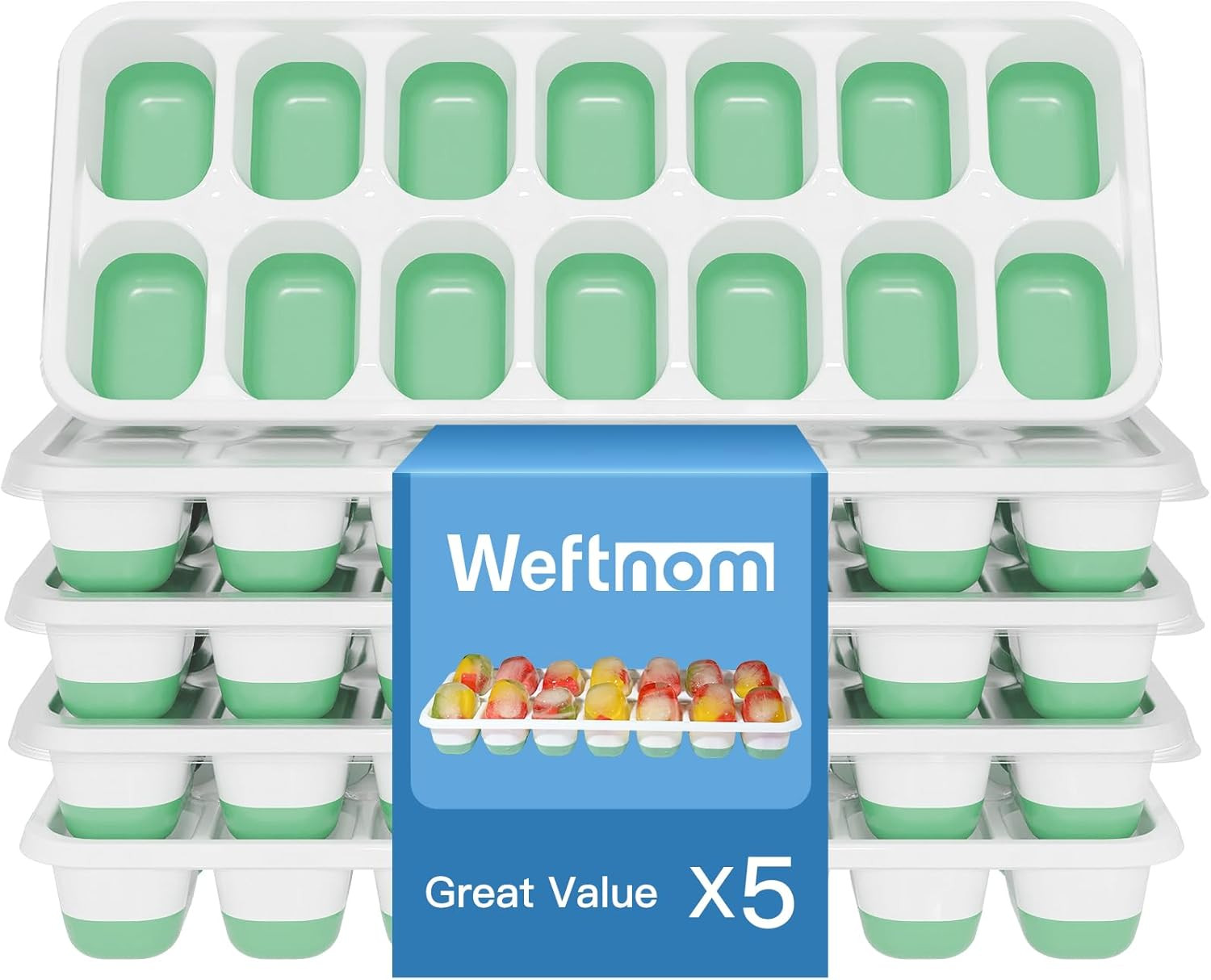 Ice Cube Trays with Lids for Freezer, 5 Pack Silicone Set, 70 Cubes | Easy-Relea