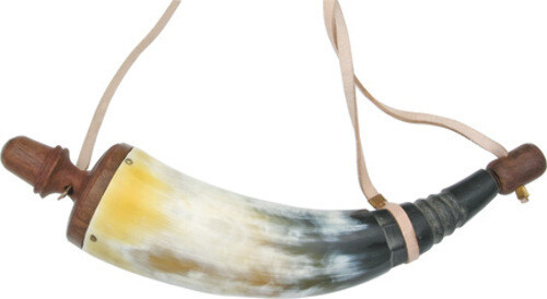 China Made Powder Horn 230957 10 3/4" overall. Simulated horn and wood construct