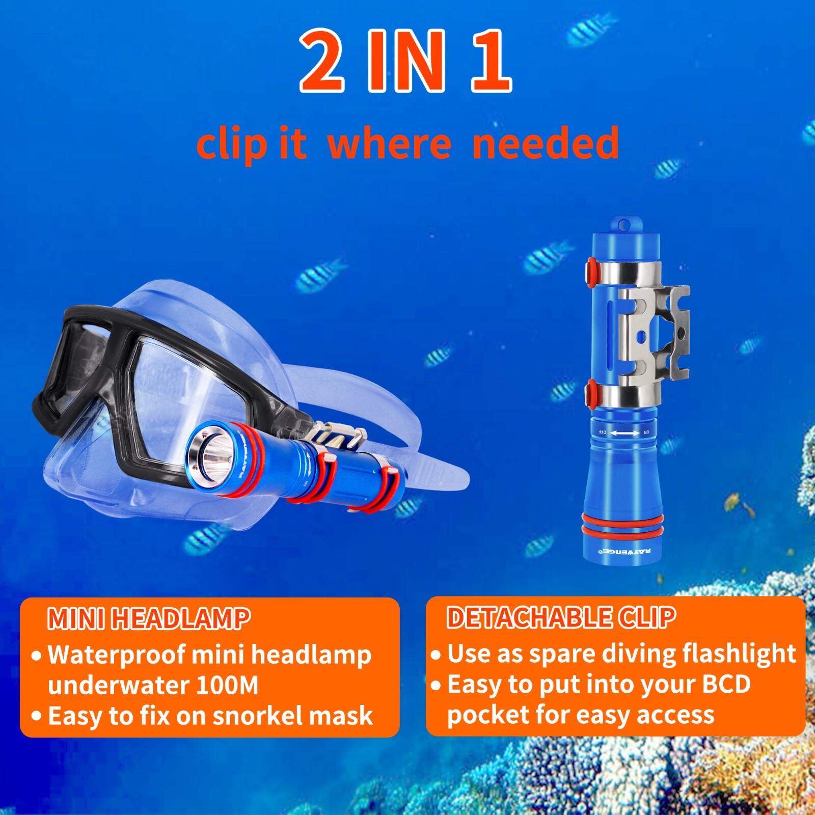 D2A Diving Flashlight Mini Scuba Dive Headlamp Underwater 100M Backup (blue)