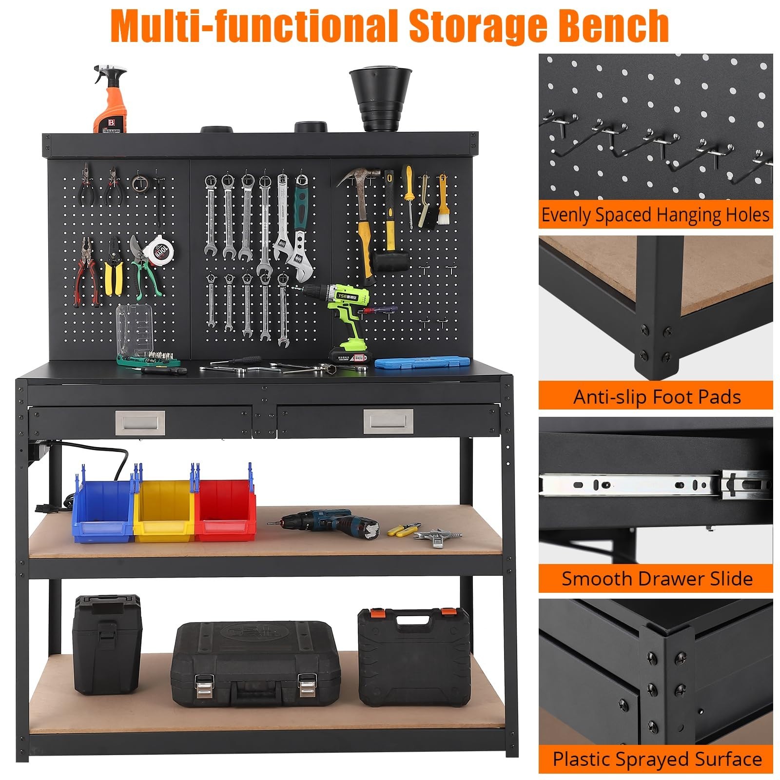48" Workbench Rubberwood Tabletop with Double Shelfs Pegboard Drawers 2000 LBS
