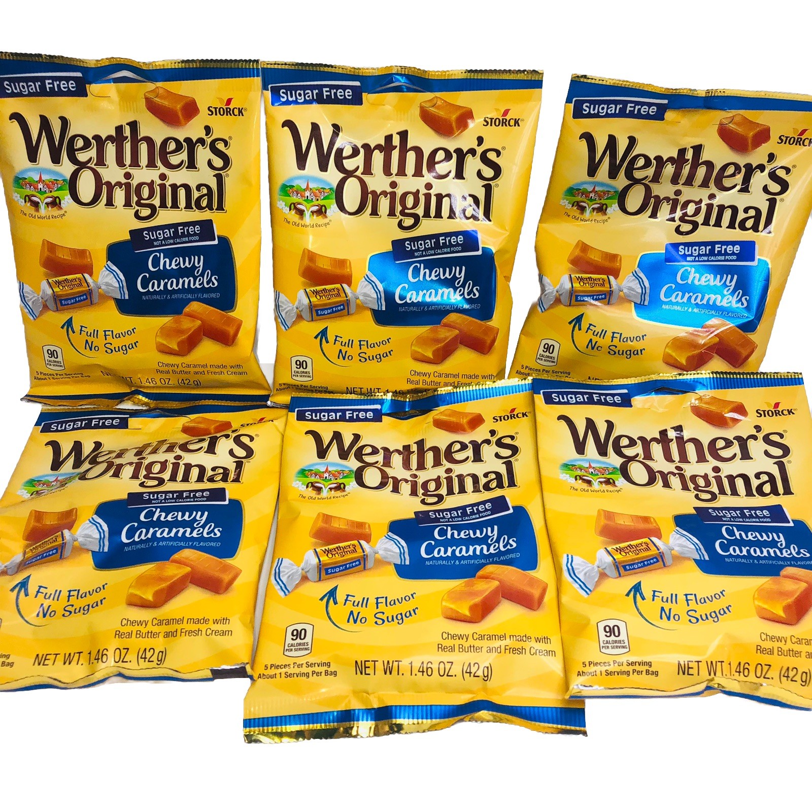 6  Storck Werther's Original SUGAR FREE Chewy Caramel Candies 1.46 oz bag NEW