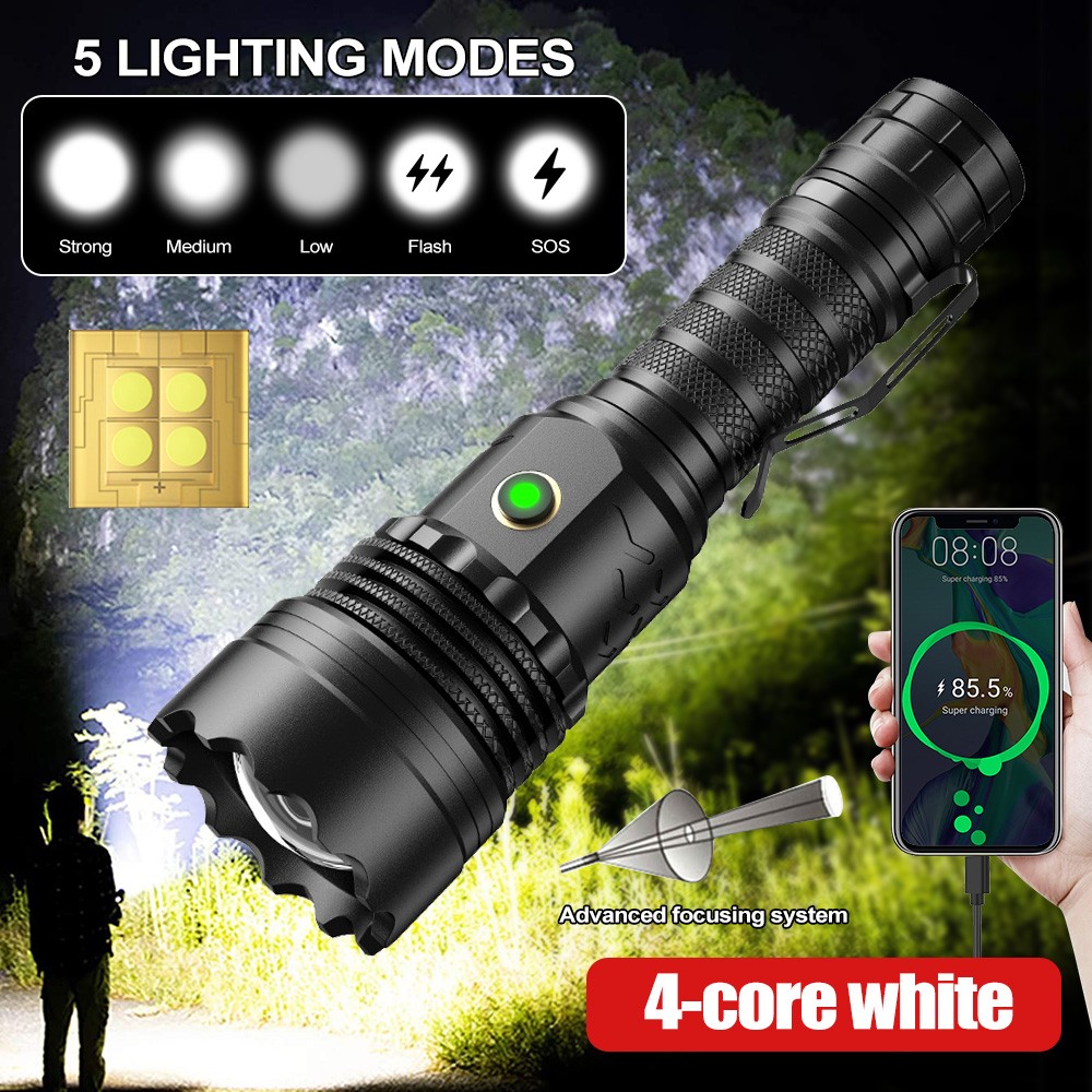 Hunting 4-Core White Laser LED Flashlight Type-C Charging Power Bank Torch Light