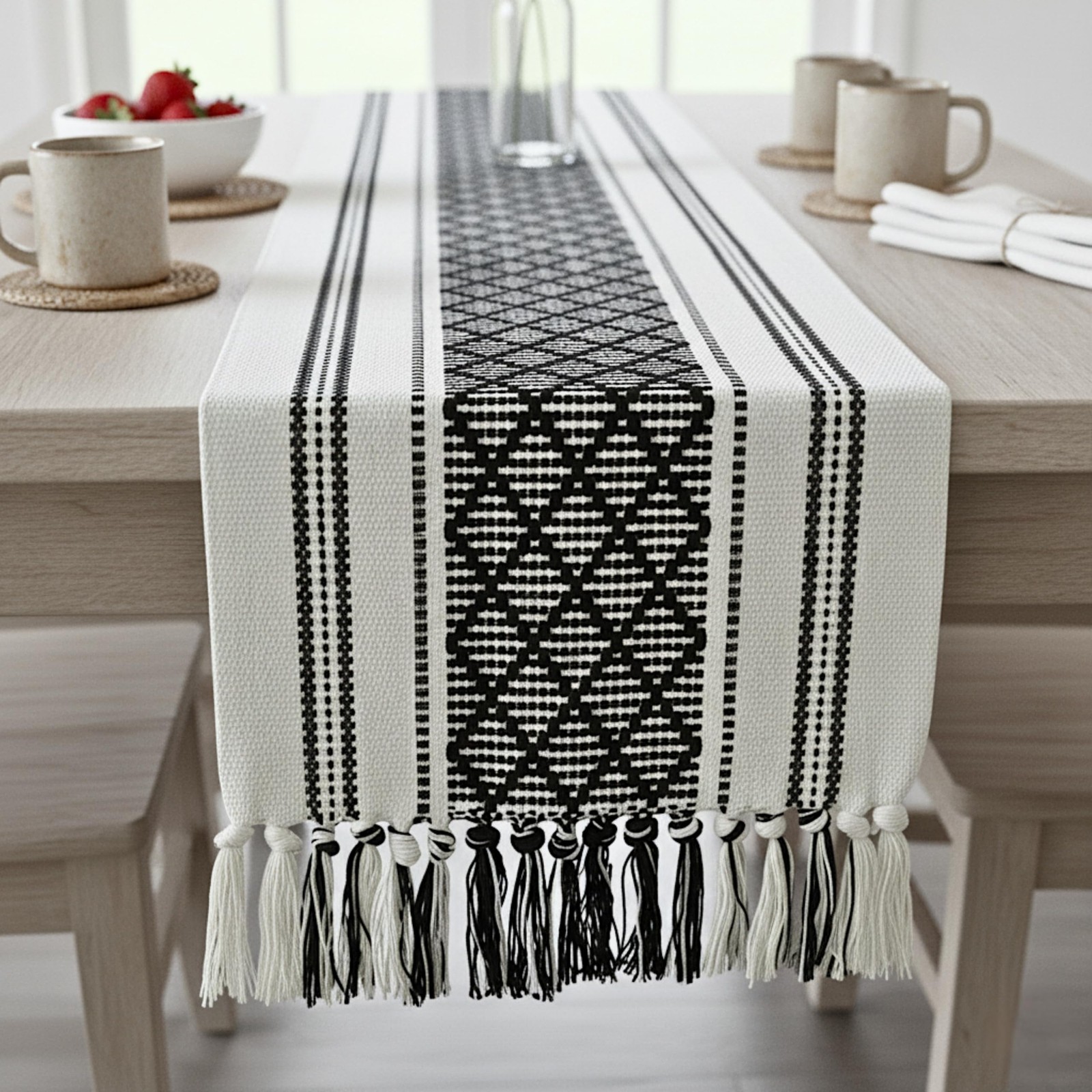 Coffee Table Runner 14 x 48 Inches Black & Cream Woven Washable Boho Tassel Dres