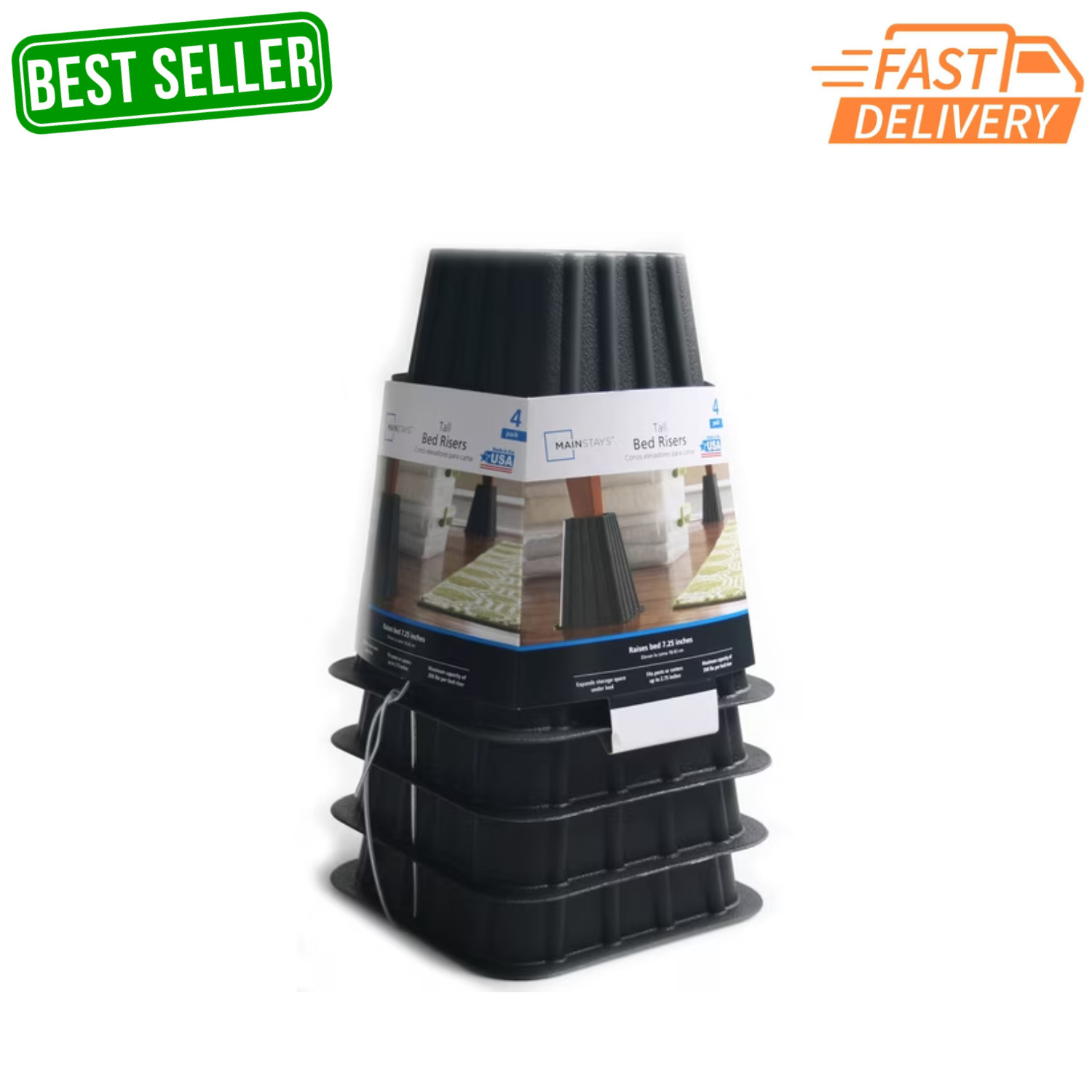Mainstays 4-Pack Black Plastic Tall Bed Risers Under Bed Storage Organizer