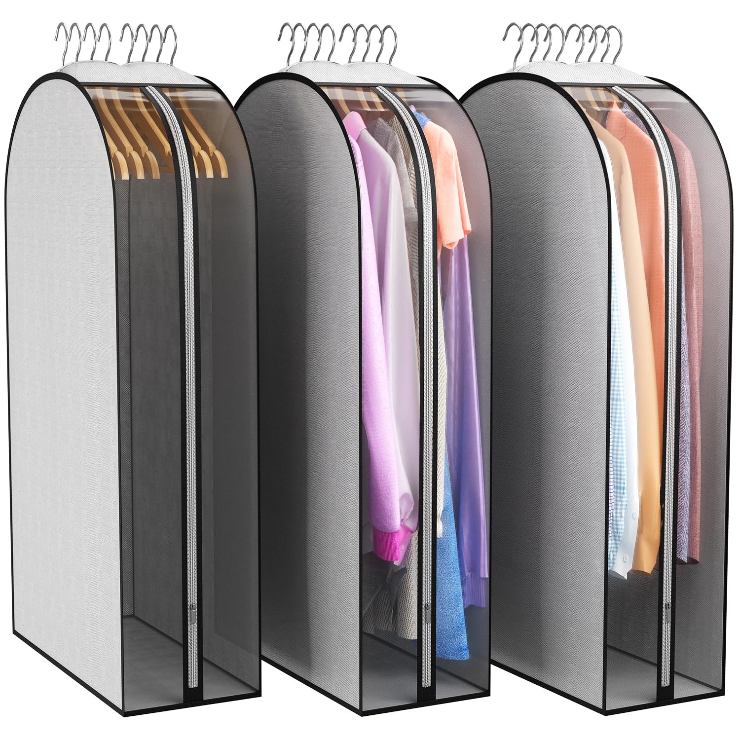 10 Inch Gusseted Garment Bags 3 Pack Suit Covers Clear Coat Dress Storage Grey
