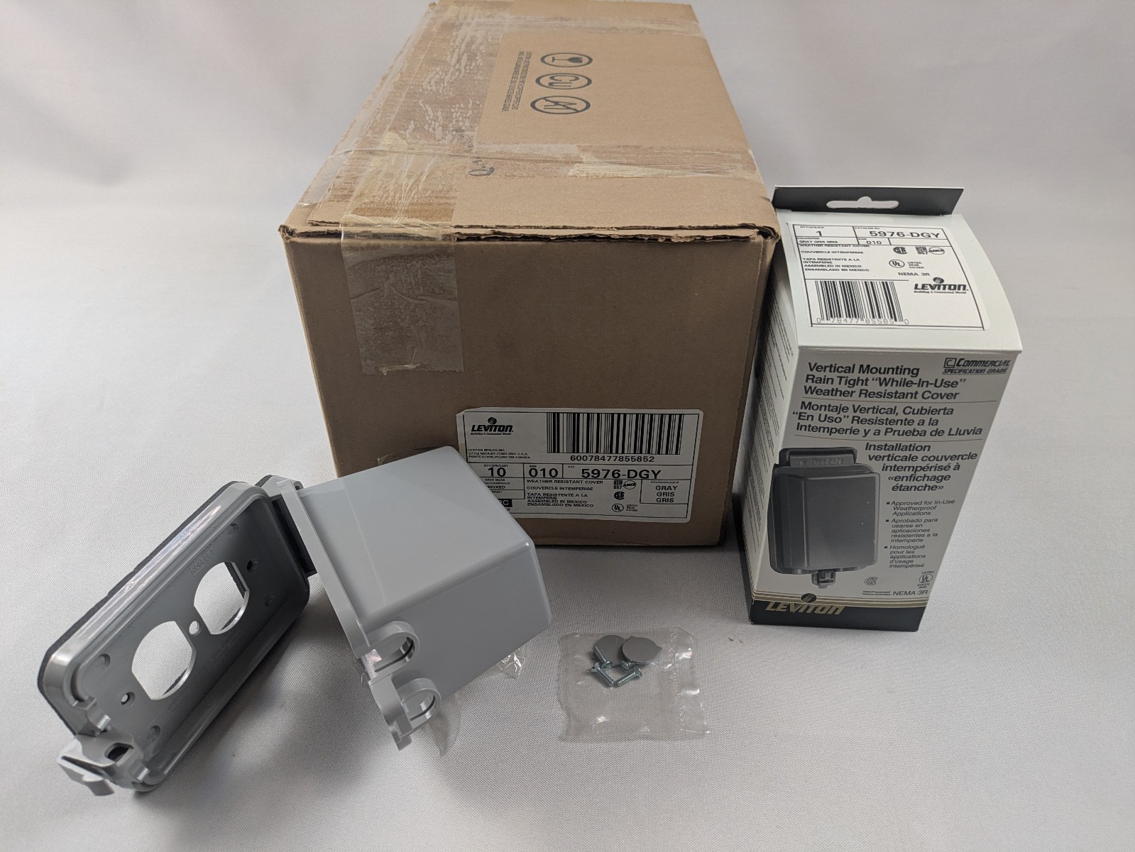 Box of 10 - Leviton 5976-DGY Vertical Mount Rain Tight Duplex Outlet Cover