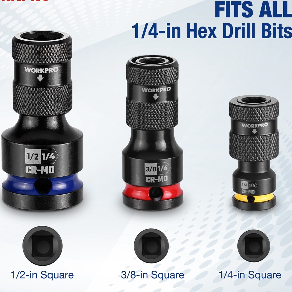 WORKPRO Quick Release Hex Impact Socket Adapter Holder Set 1/2" 3/8" 1/4" Drive