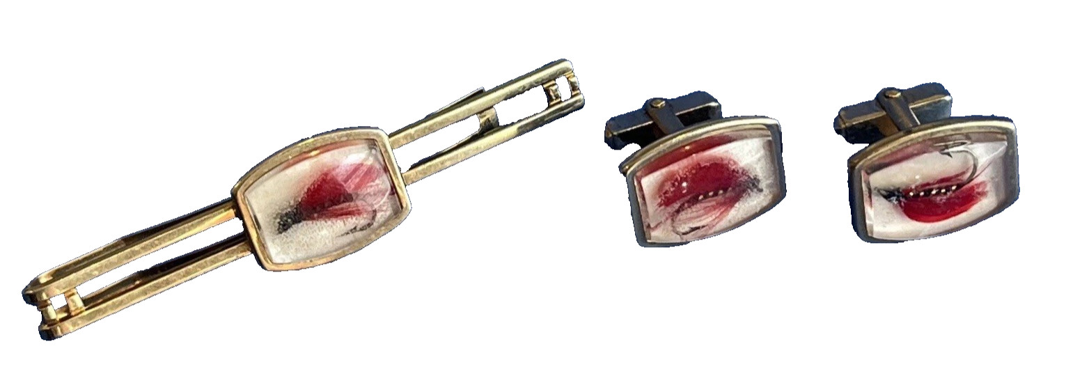 Anson Fly Fishing Cuff Links Tie Clip Set Gold tone Fisherman Gift Vintage
