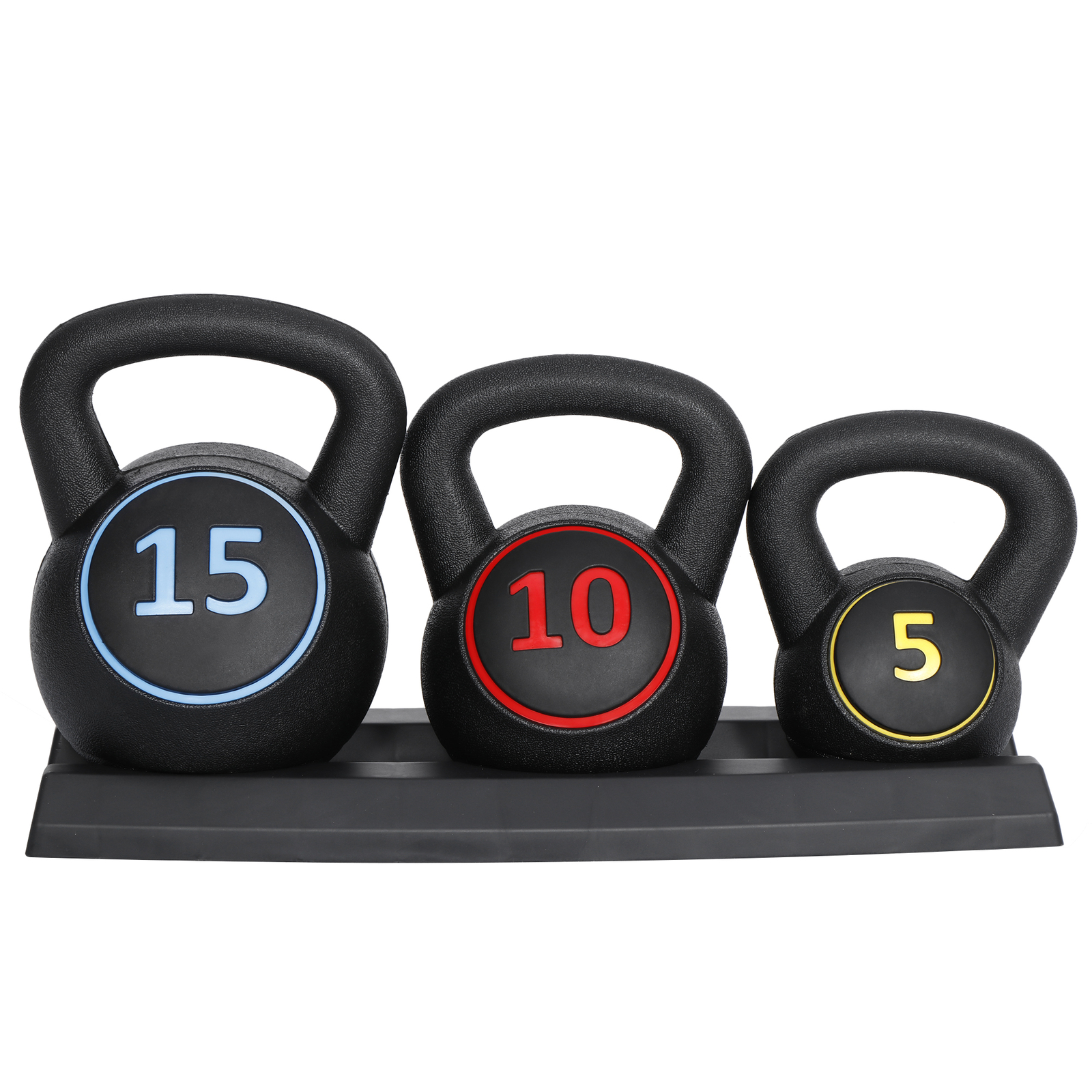 3-Piece Kettlebell Set w/Storage Rack 5,10,15lbs Weight HDPE Coated Kettlebells