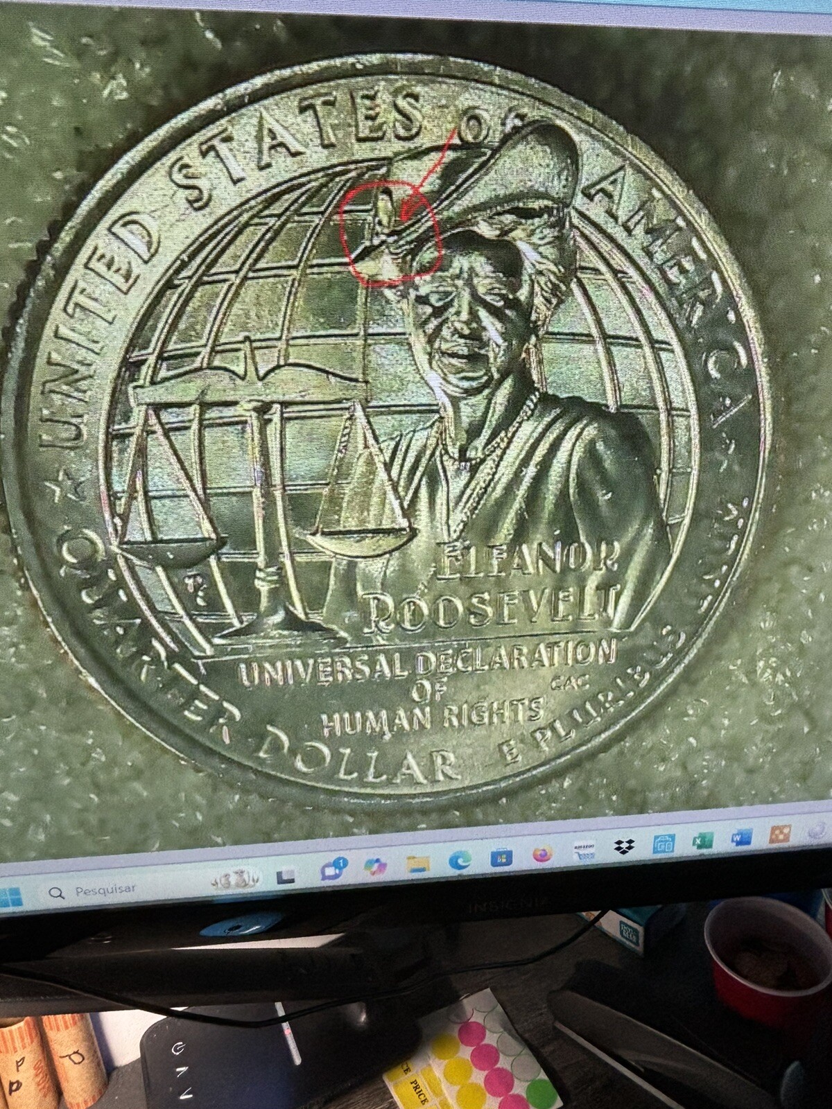2023 p Eleanor Roosevelt Quarter BU Reverse Small Die Chip On Hat, Error Coin