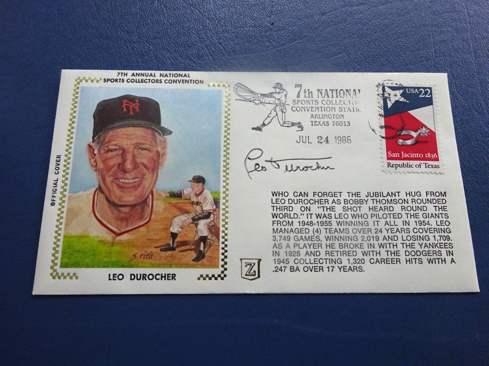 1986 First Day Issue Leo Durocher Autograph Nat. Sports Collectors Convention