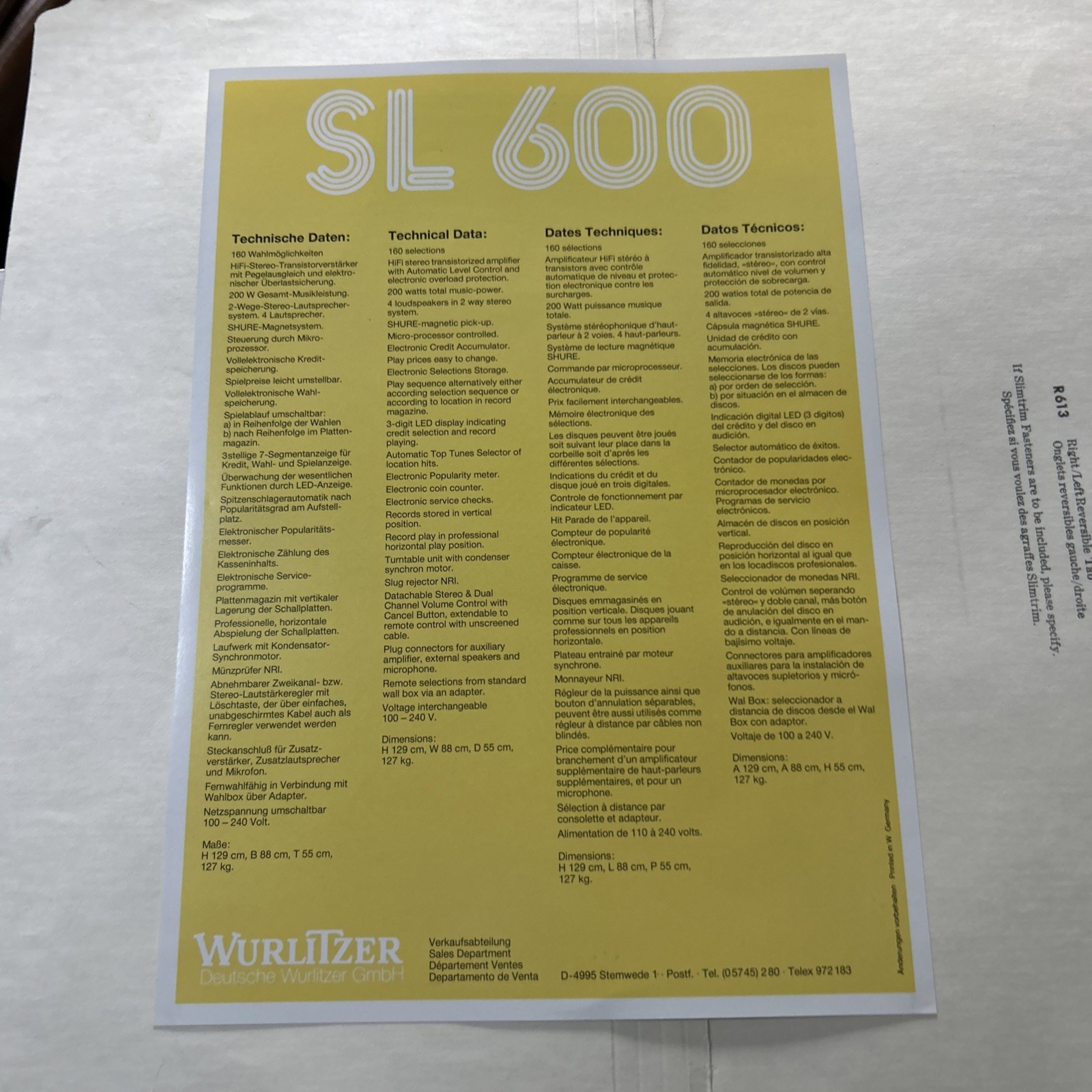 Original Factory Jukebox Wurlitzer SL 600 Phonograph FLYER