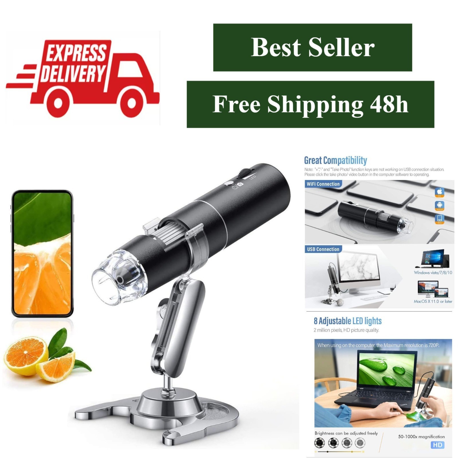 Skybasic Wireless Digital Microscope 50X-1000X HD USB WiFi Portable