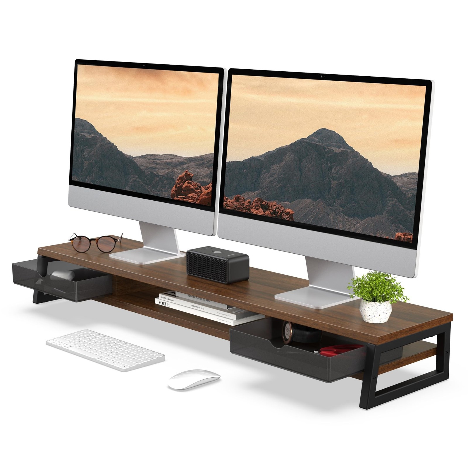 Fenge Dual Monitor Stand, Monitor Riser with Drawer, 42.5 Inch Large Computer...