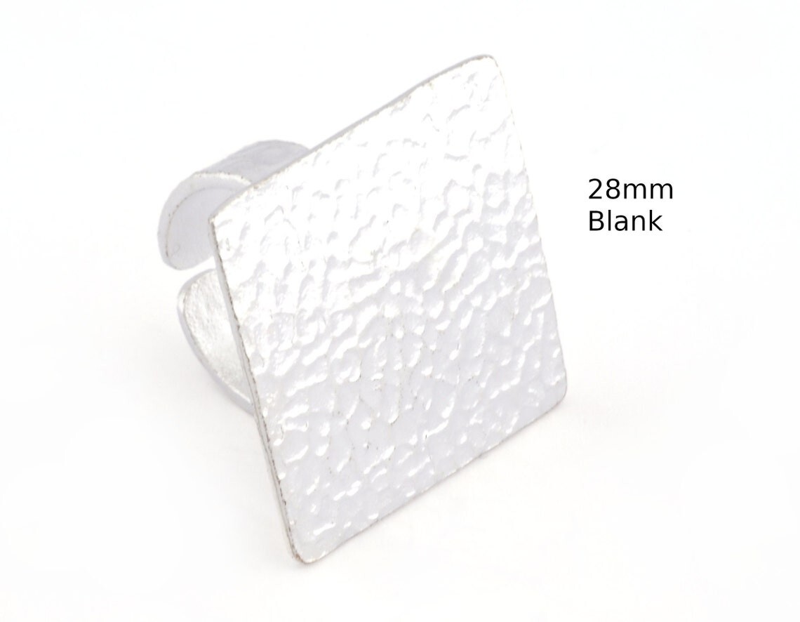 Square Hammered Adjustable Ring Blank Bezel Base-Shiny Silver Plated Brass 4933