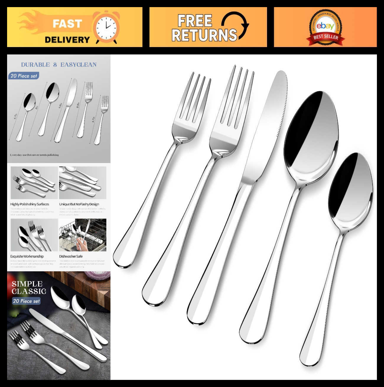 20-Piece Stainless Steel Silverware Set for 4 - Mirror Polished, Dishwasher Safe