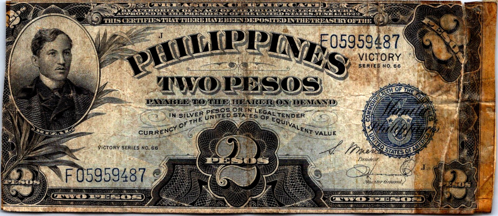 Philippines 2 Pesos 1944 '"Victory Note" Pick# 95a (Short Snorter Note)