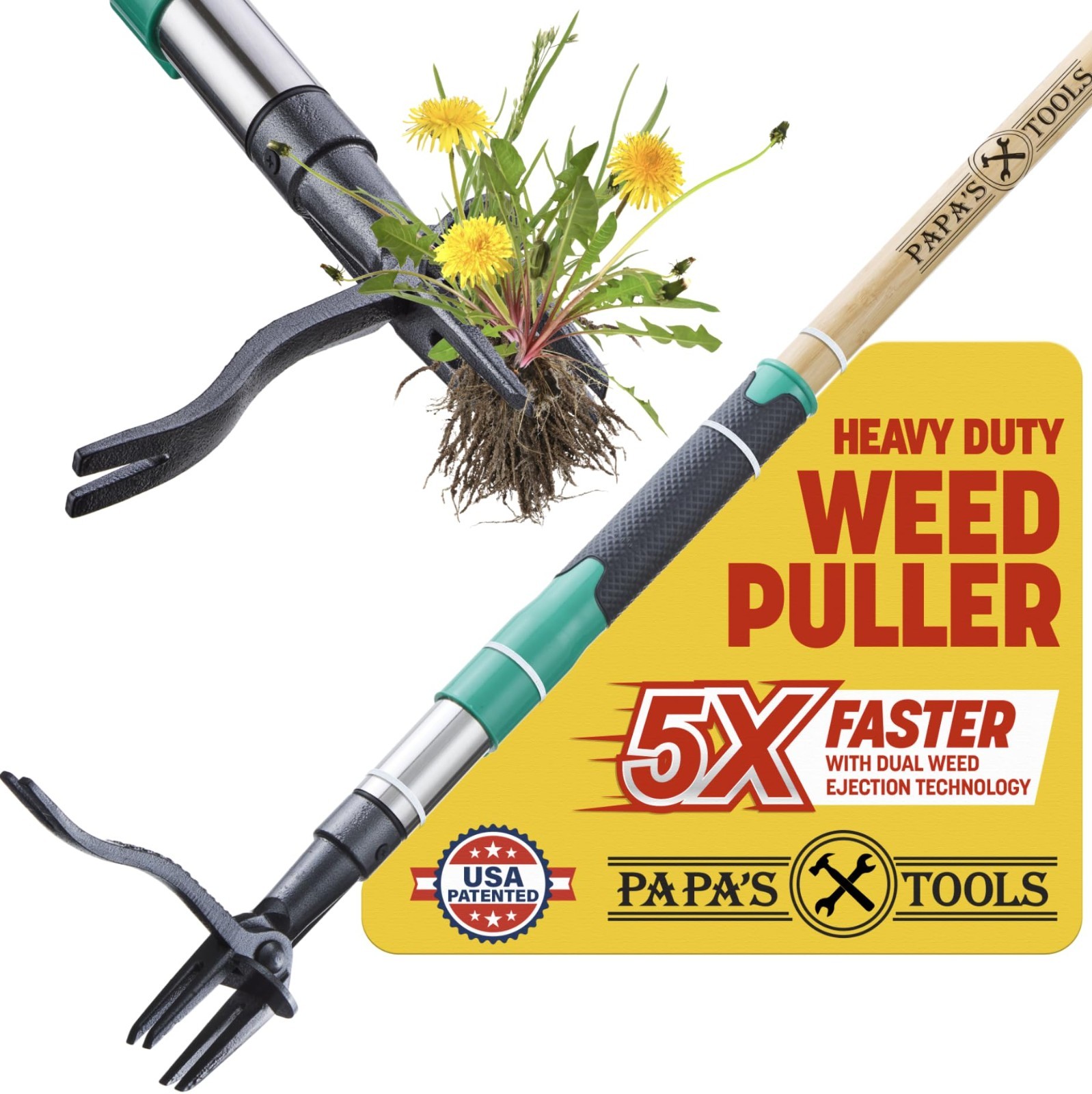 Papa's Tools Weed Puller Tool, 44" Stand Up Weeder Garden Natural / Green