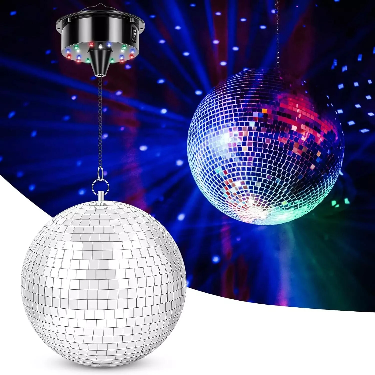 Disco Ball with Motor and Light, 8" Hanging Mirror Ball and 6RPM Batteries Power