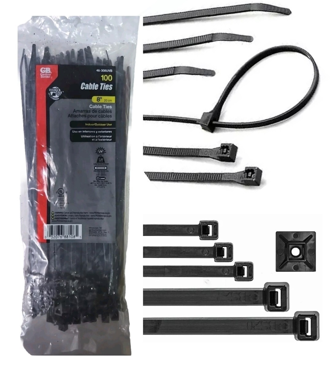 GB 46-308UVB Cable Tie, Double-Lock 75 Lbs. Locking, 6/6 Nylon, Black - pk- 100