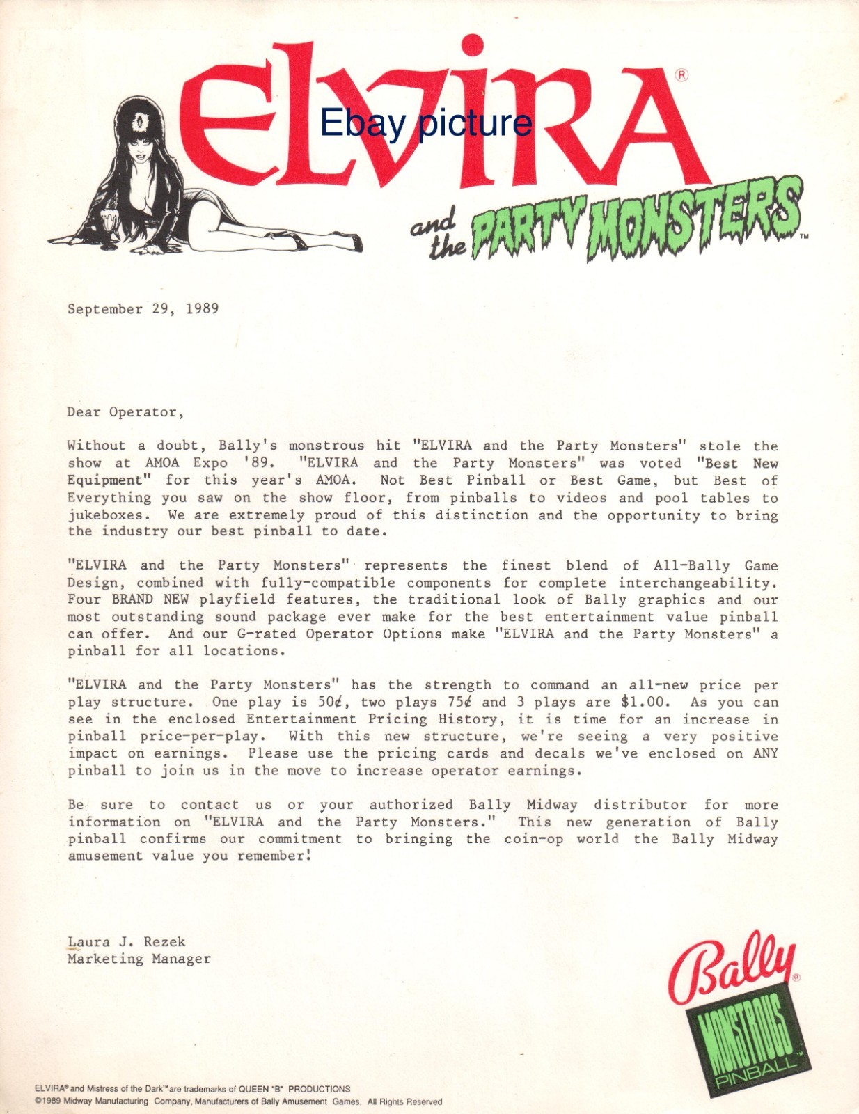 Rare 1989 BALLY ELVIRA AND THE PARTY MONSTERS  letter sent after AMOA expo '89