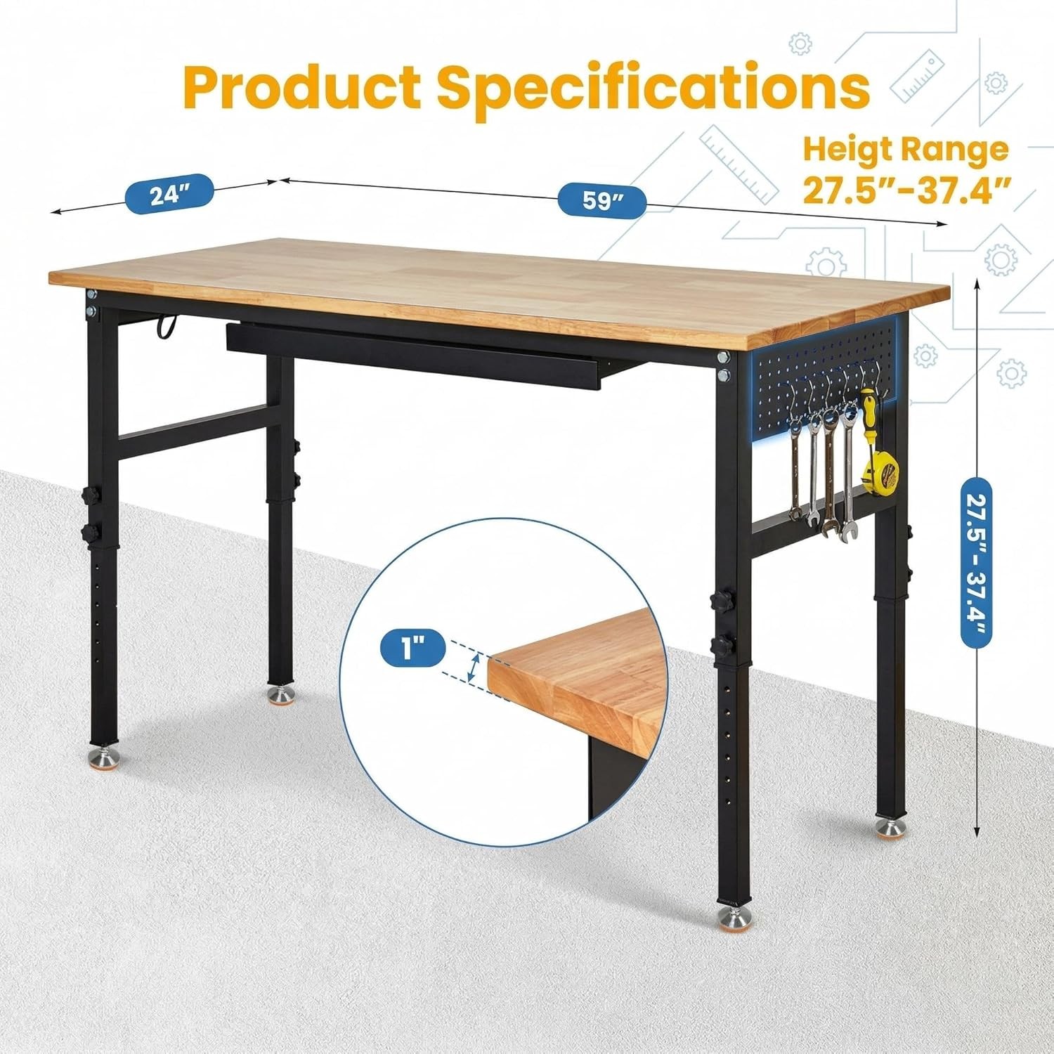 60" Workbench Heavy-Duty Adjustable Height Table with Power Outlets & Drawer