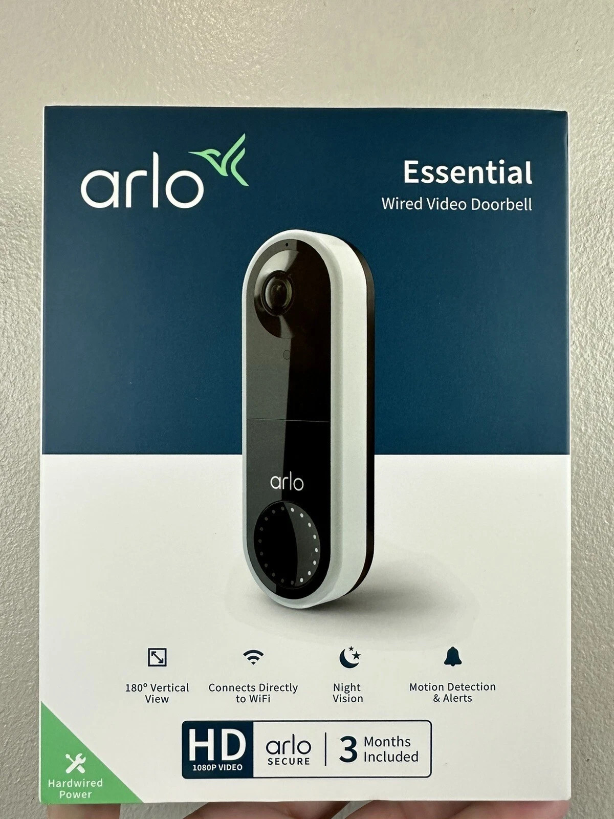 Arlo Essential Wired Video Doorbell - HD Video, 180° View, Night Vision, Audio