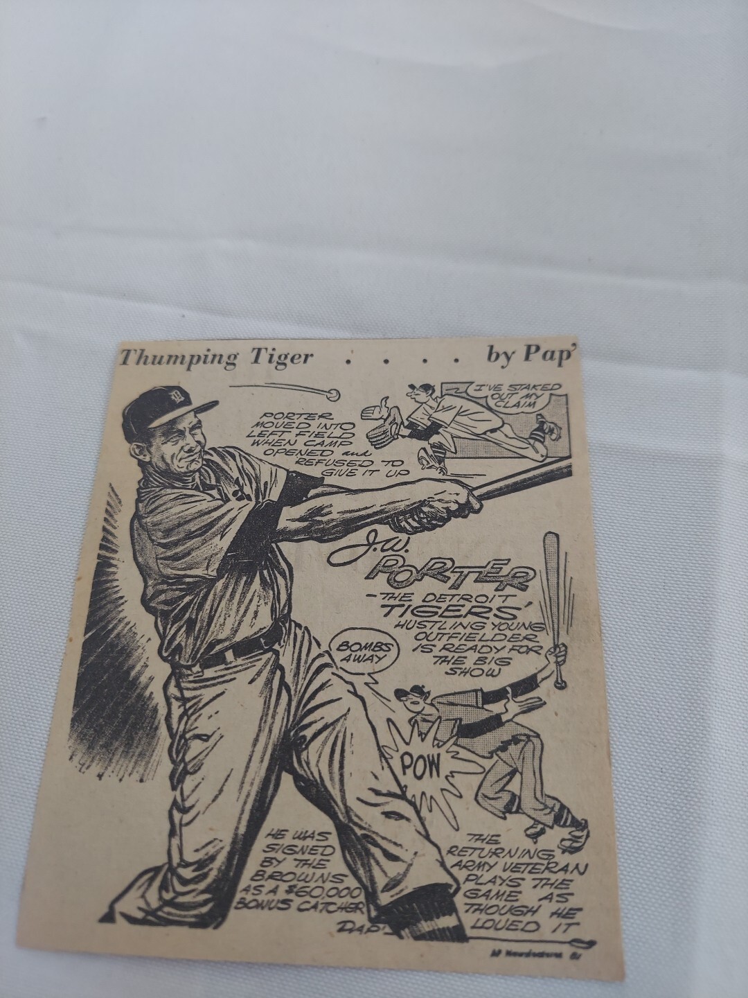 Jay Porter Tigers Baseball  Comic Sport Drawing Newspaper Clipping By Pap