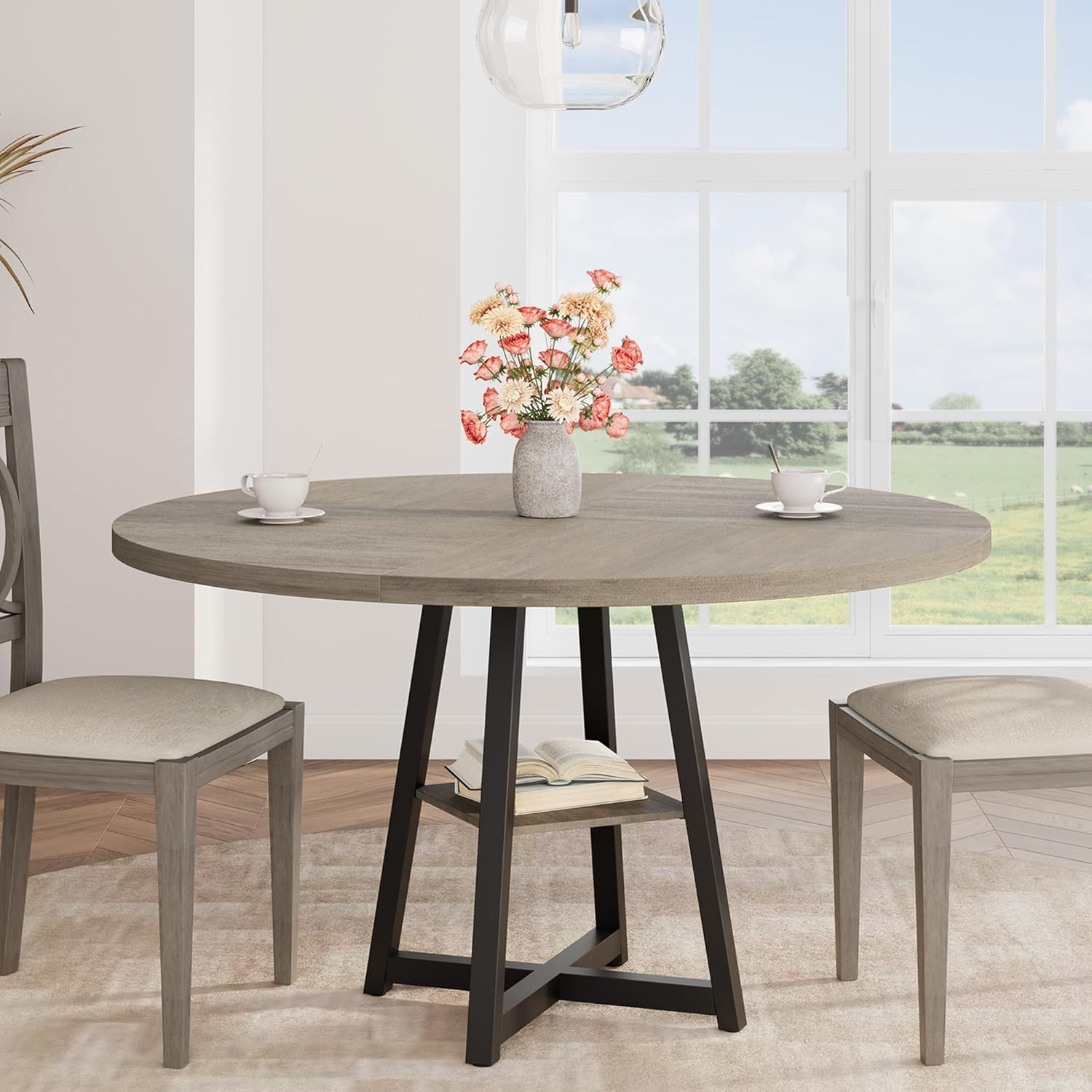 47.2 in round Dining Table for 4-6 People, Industrial round Kitchen Table with S