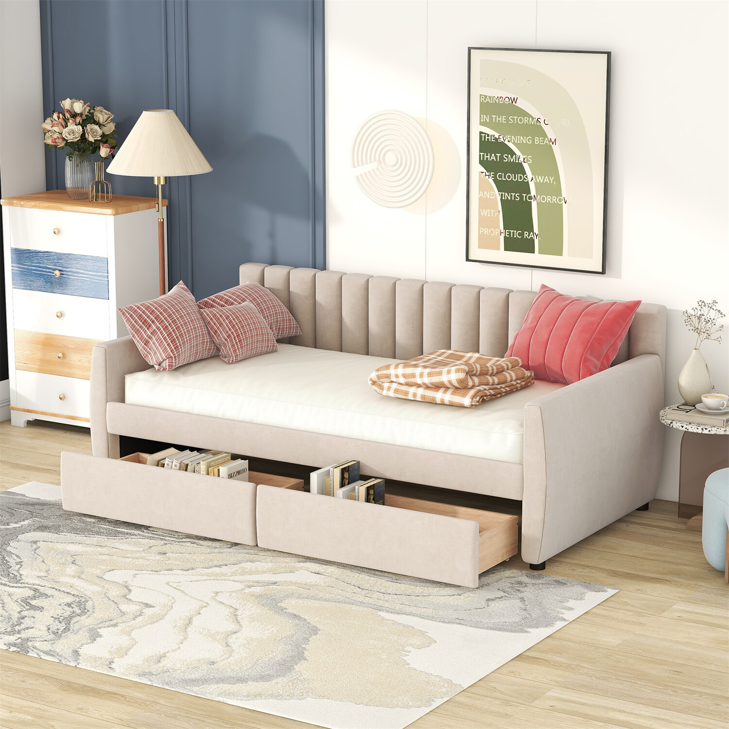 Modern Twin Size Daybed Upholstered Bed Frame Sofa Bed w/ 2 Drawer Beige/Gray