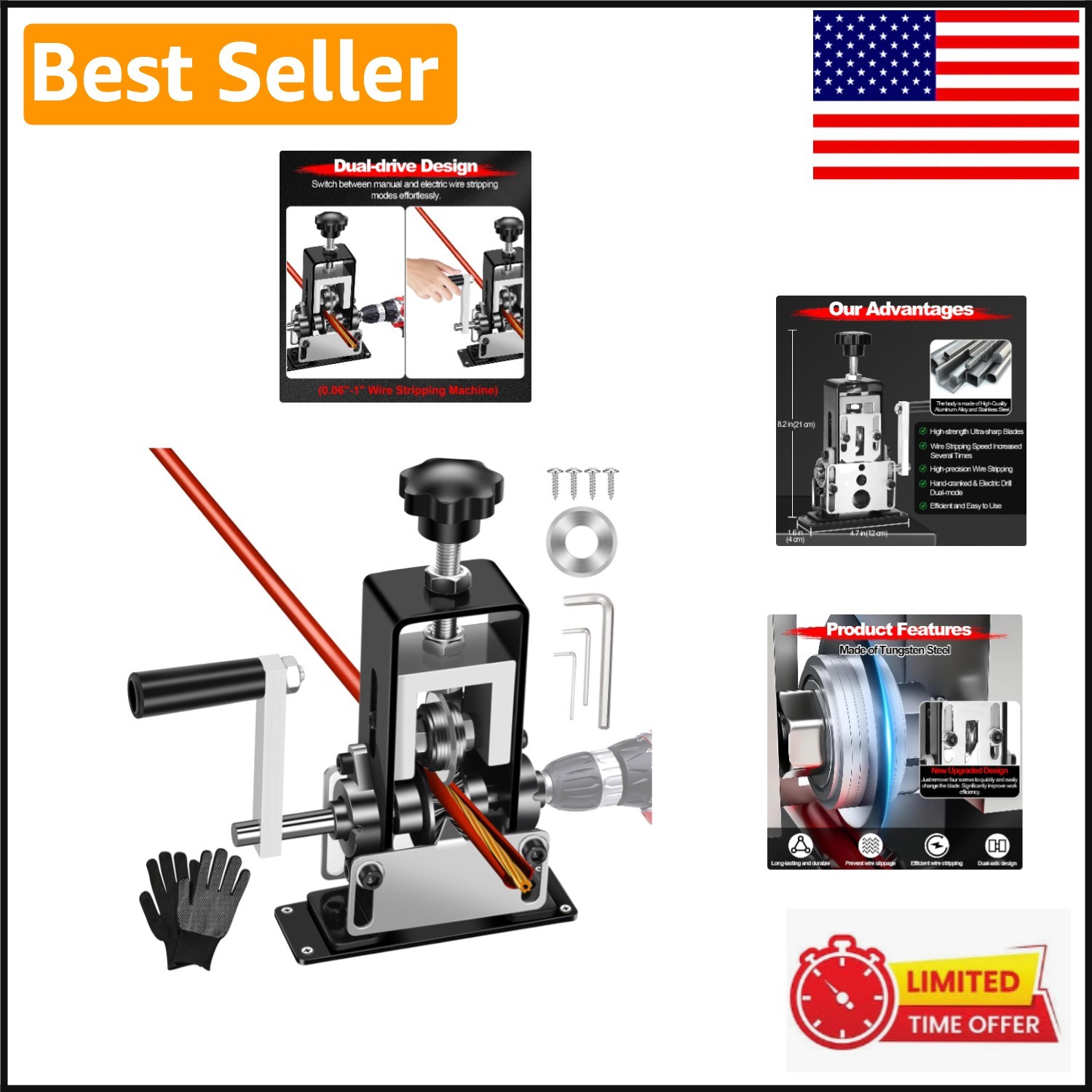Dual-Drive Copper Wire Stripper: Drill Powered and Hand Crank Tool, 0.06" to 1"