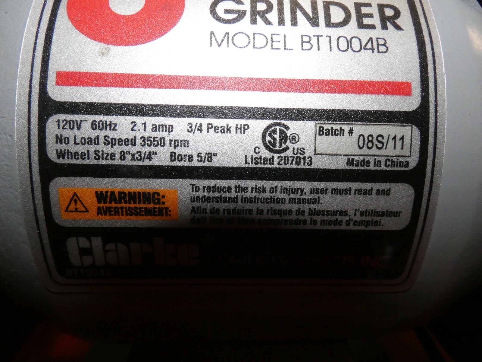 Clarke Metal Worker 8" Bench Grinder Model BT1004B
