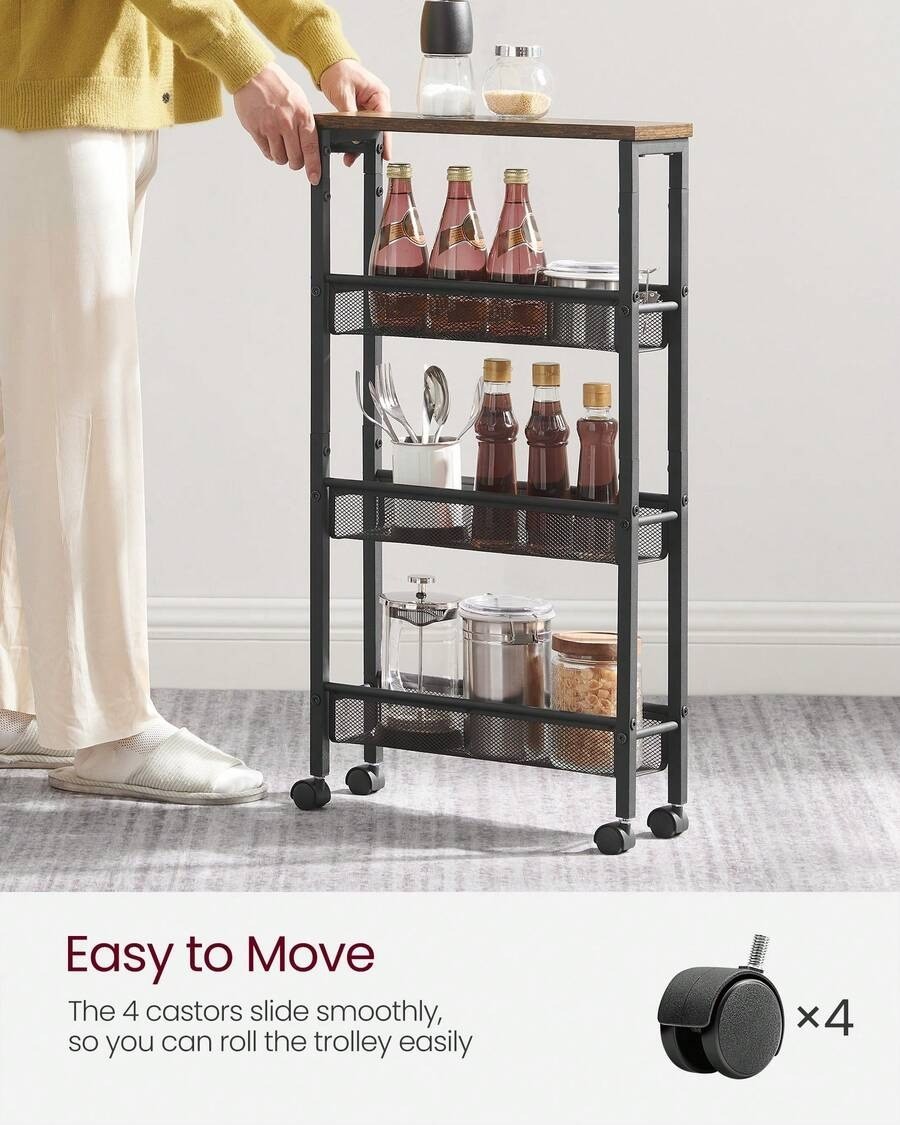 VASAGLE 4-Tier Slim Rolling Storage Cart With Handle & Casters, Black