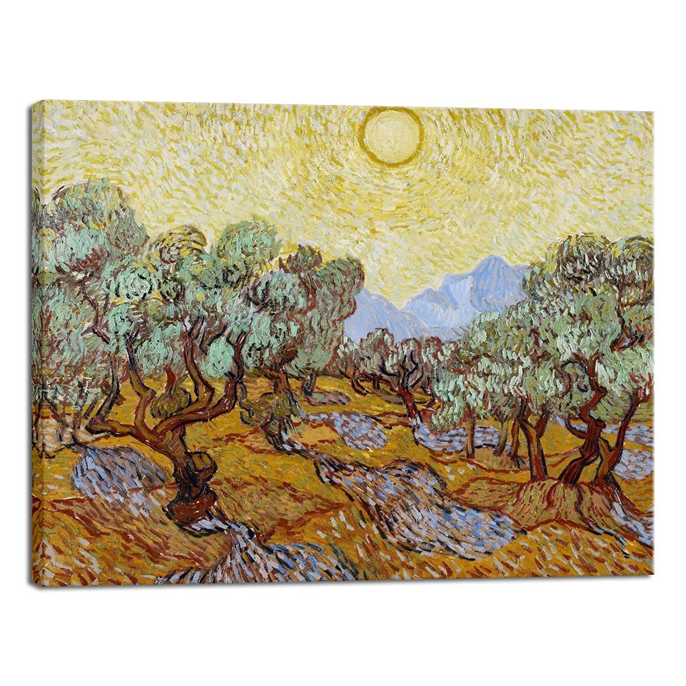Wieco Art Olive Trees with Yellow Sky and Sun 16"L x 12"W, Yellow,Black