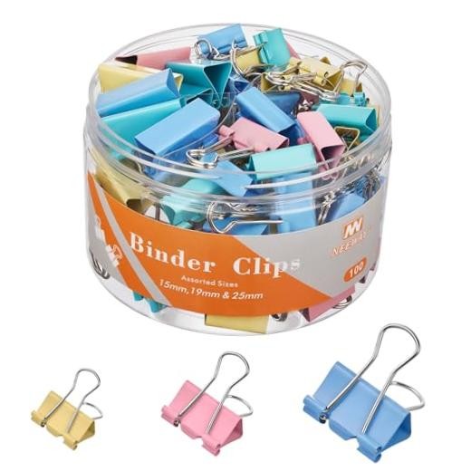 100 Count Binder Clips Assorted Sizes, Paper Binder Clips (0.6inch Multicolor